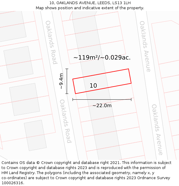 10, OAKLANDS AVENUE, LEEDS, LS13 1LH: Plot and title map