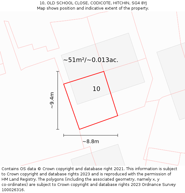 10, OLD SCHOOL CLOSE, CODICOTE, HITCHIN, SG4 8YJ: Plot and title map