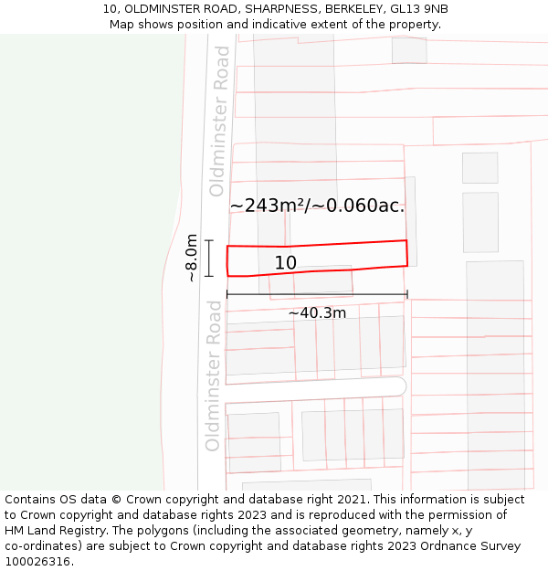 10, OLDMINSTER ROAD, SHARPNESS, BERKELEY, GL13 9NB: Plot and title map