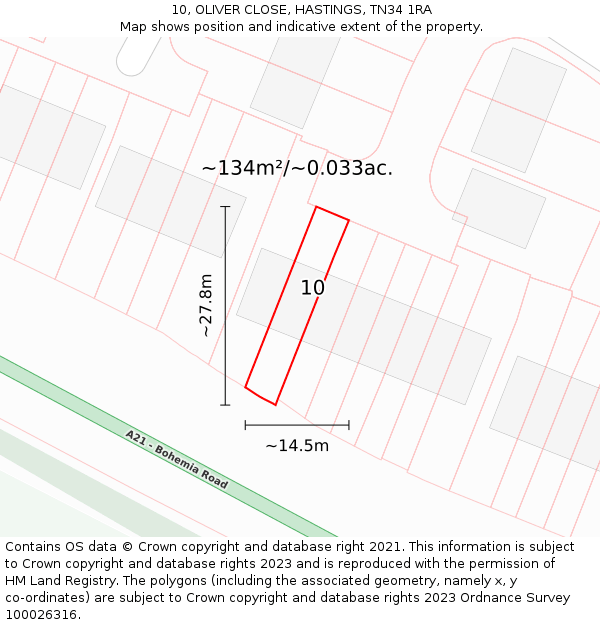 10, OLIVER CLOSE, HASTINGS, TN34 1RA: Plot and title map
