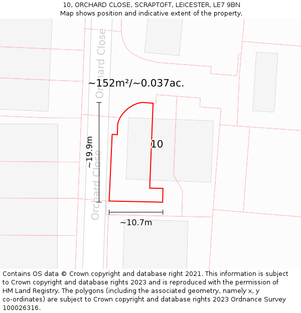 10, ORCHARD CLOSE, SCRAPTOFT, LEICESTER, LE7 9BN: Plot and title map