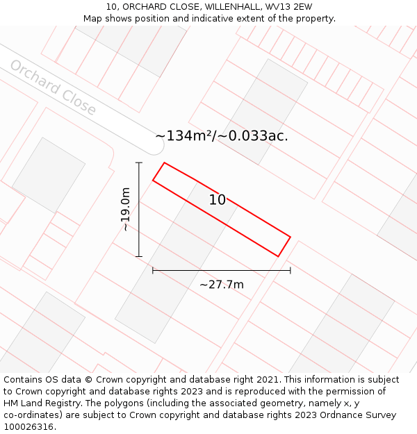 10, ORCHARD CLOSE, WILLENHALL, WV13 2EW: Plot and title map