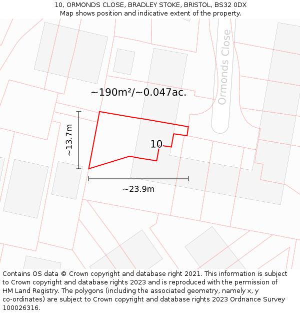 10, ORMONDS CLOSE, BRADLEY STOKE, BRISTOL, BS32 0DX: Plot and title map