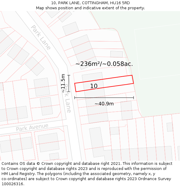 10, PARK LANE, COTTINGHAM, HU16 5RD: Plot and title map
