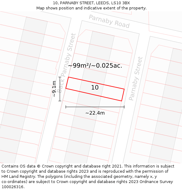 10, PARNABY STREET, LEEDS, LS10 3BX: Plot and title map