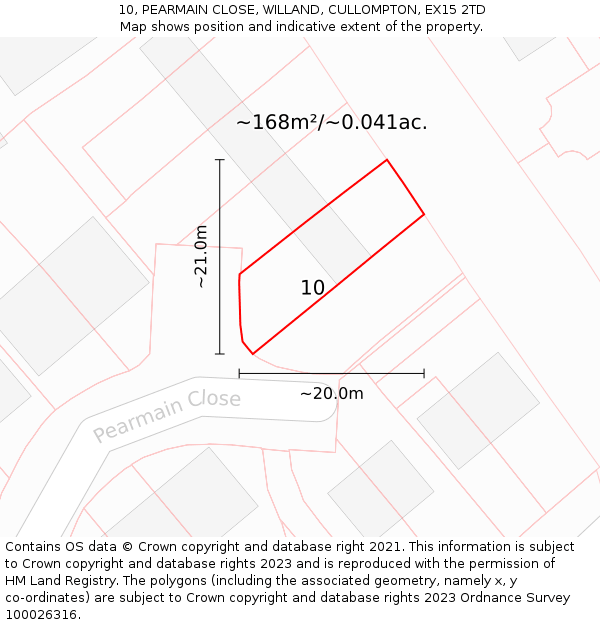 10, PEARMAIN CLOSE, WILLAND, CULLOMPTON, EX15 2TD: Plot and title map