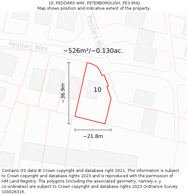 10, PEDDARS WAY, PETERBOROUGH, PE3 9NQ: Plot and title map
