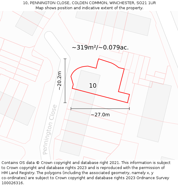 10, PENNINGTON CLOSE, COLDEN COMMON, WINCHESTER, SO21 1UR: Plot and title map