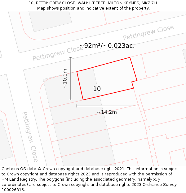 10, PETTINGREW CLOSE, WALNUT TREE, MILTON KEYNES, MK7 7LL: Plot and title map
