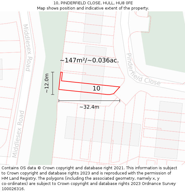 10, PINDERFIELD CLOSE, HULL, HU8 0FE: Plot and title map