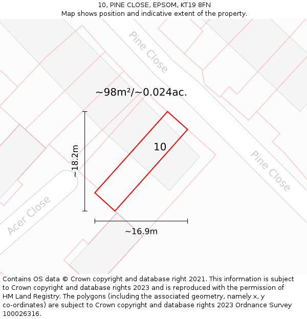 10, PINE CLOSE, EPSOM, KT19 8FN: Plot and title map
