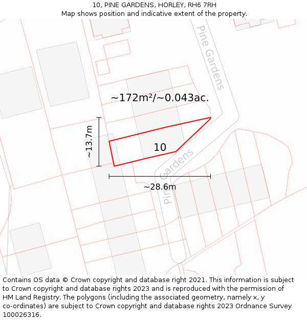 10, PINE GARDENS, HORLEY, RH6 7RH: Plot and title map