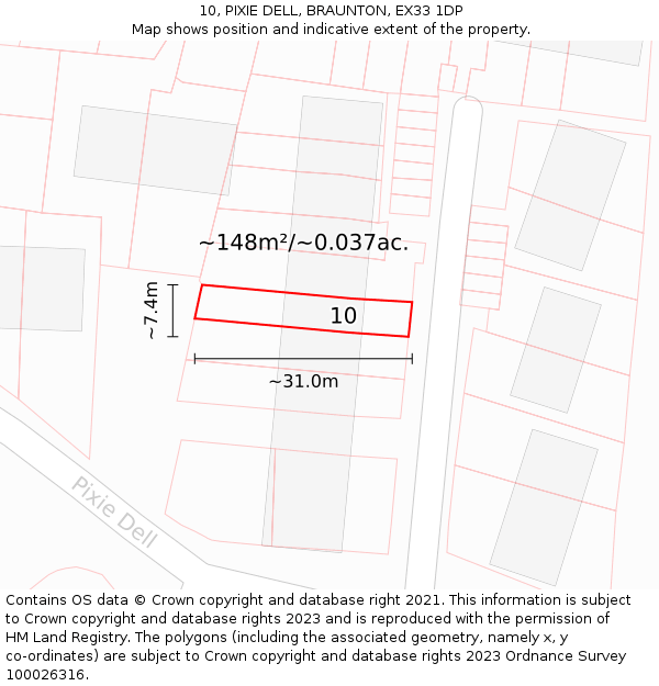 10, PIXIE DELL, BRAUNTON, EX33 1DP: Plot and title map