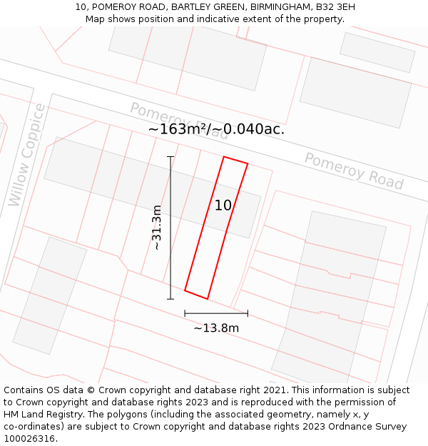 10, POMEROY ROAD, BARTLEY GREEN, BIRMINGHAM, B32 3EH: Plot and title map