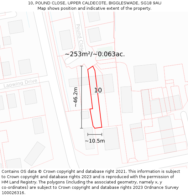 10, POUND CLOSE, UPPER CALDECOTE, BIGGLESWADE, SG18 9AU: Plot and title map