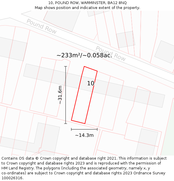 10, POUND ROW, WARMINSTER, BA12 8NQ: Plot and title map