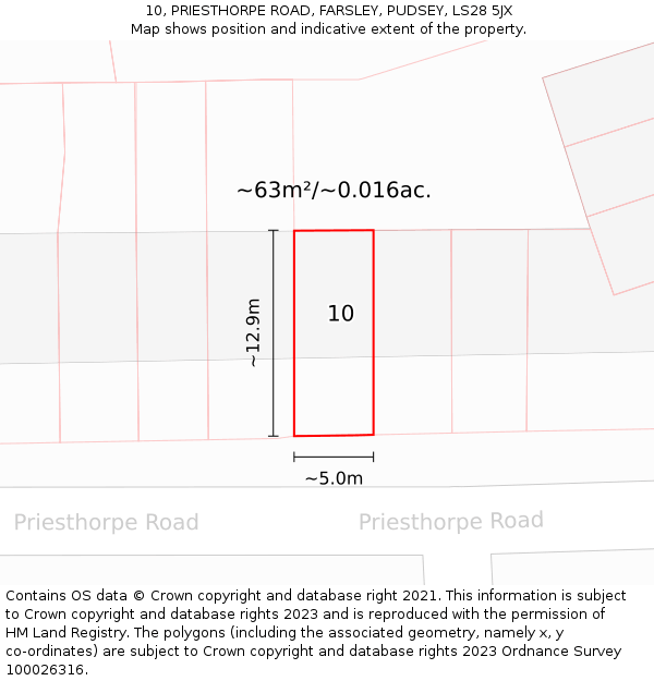 10, PRIESTHORPE ROAD, FARSLEY, PUDSEY, LS28 5JX: Plot and title map