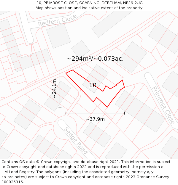 10, PRIMROSE CLOSE, SCARNING, DEREHAM, NR19 2UG: Plot and title map