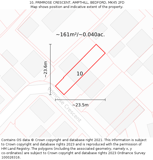 10, PRIMROSE CRESCENT, AMPTHILL, BEDFORD, MK45 2FD: Plot and title map