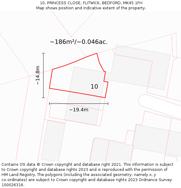 10, PRINCESS CLOSE, FLITWICK, BEDFORD, MK45 1FH: Plot and title map