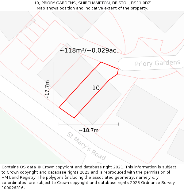 10, PRIORY GARDENS, SHIREHAMPTON, BRISTOL, BS11 0BZ: Plot and title map