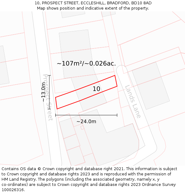 10, PROSPECT STREET, ECCLESHILL, BRADFORD, BD10 8AD: Plot and title map