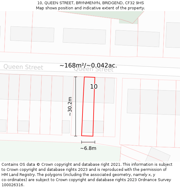 10, QUEEN STREET, BRYNMENYN, BRIDGEND, CF32 9HS: Plot and title map
