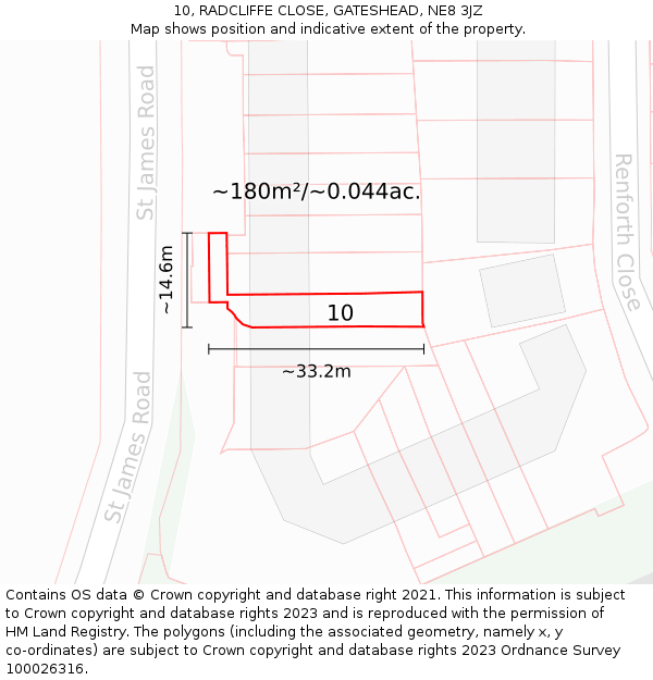 10, RADCLIFFE CLOSE, GATESHEAD, NE8 3JZ: Plot and title map