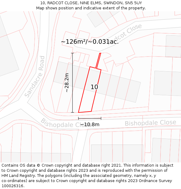 10, RADCOT CLOSE, NINE ELMS, SWINDON, SN5 5UY: Plot and title map