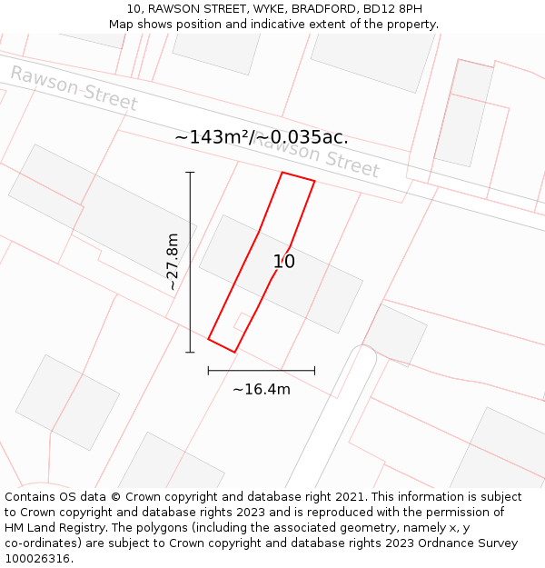 10, RAWSON STREET, WYKE, BRADFORD, BD12 8PH: Plot and title map