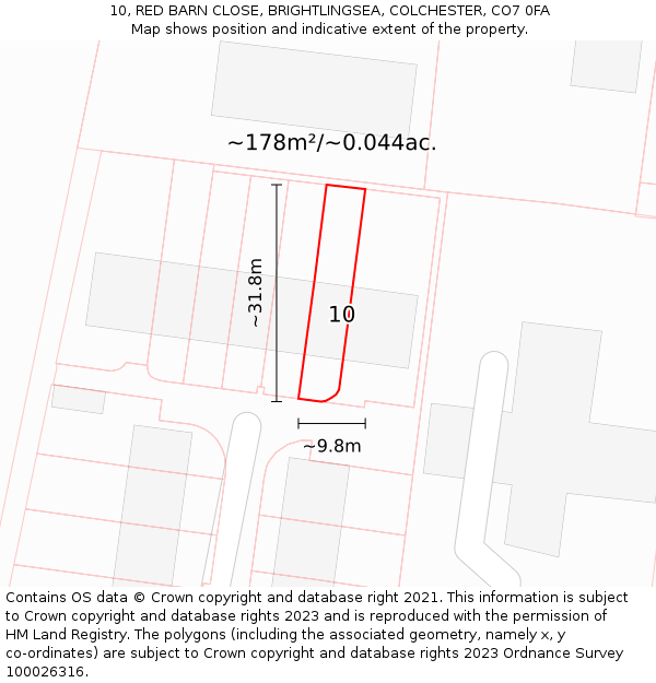 10, RED BARN CLOSE, BRIGHTLINGSEA, COLCHESTER, CO7 0FA: Plot and title map