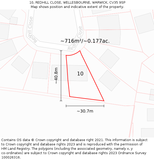 10, REDHILL CLOSE, WELLESBOURNE, WARWICK, CV35 9SP: Plot and title map