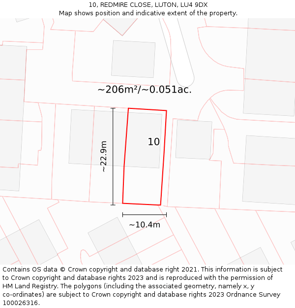 10, REDMIRE CLOSE, LUTON, LU4 9DX: Plot and title map