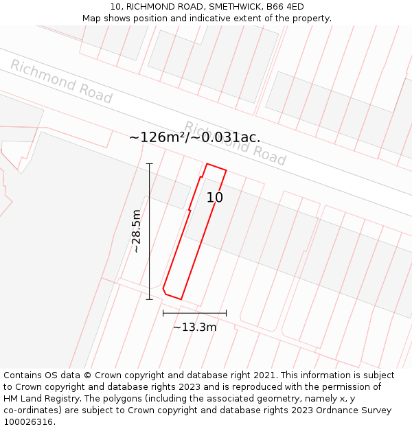 10, RICHMOND ROAD, SMETHWICK, B66 4ED: Plot and title map