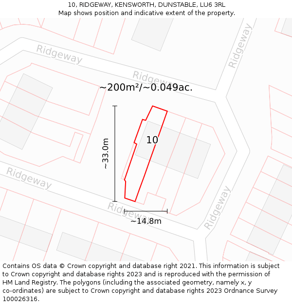 10, RIDGEWAY, KENSWORTH, DUNSTABLE, LU6 3RL: Plot and title map