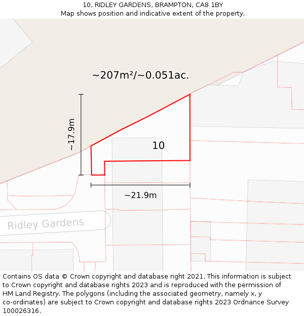 10, RIDLEY GARDENS, BRAMPTON, CA8 1BY: Plot and title map