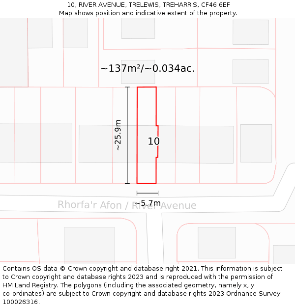 10, RIVER AVENUE, TRELEWIS, TREHARRIS, CF46 6EF: Plot and title map