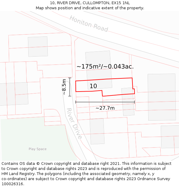 10, RIVER DRIVE, CULLOMPTON, EX15 1NL: Plot and title map