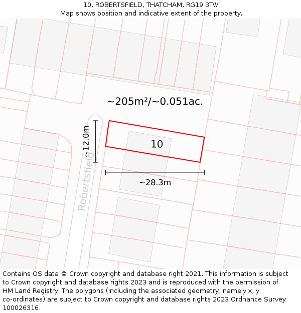 10, ROBERTSFIELD, THATCHAM, RG19 3TW: Plot and title map