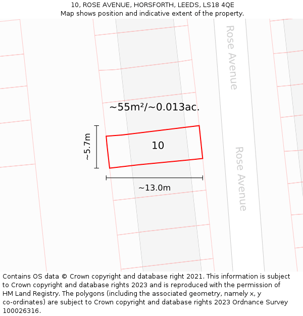 10, ROSE AVENUE, HORSFORTH, LEEDS, LS18 4QE: Plot and title map