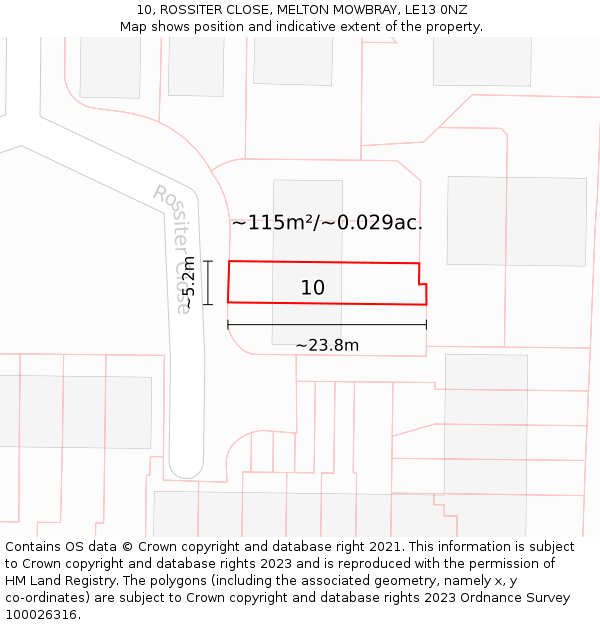10, ROSSITER CLOSE, MELTON MOWBRAY, LE13 0NZ: Plot and title map