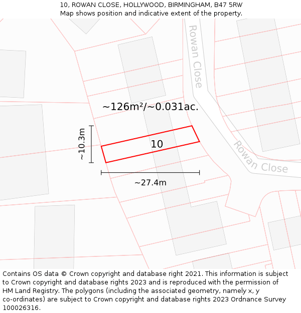10, ROWAN CLOSE, HOLLYWOOD, BIRMINGHAM, B47 5RW: Plot and title map