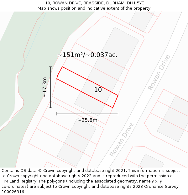 10, ROWAN DRIVE, BRASSIDE, DURHAM, DH1 5YE: Plot and title map