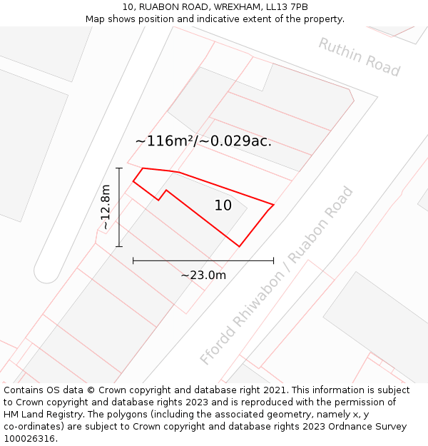 10, RUABON ROAD, WREXHAM, LL13 7PB: Plot and title map