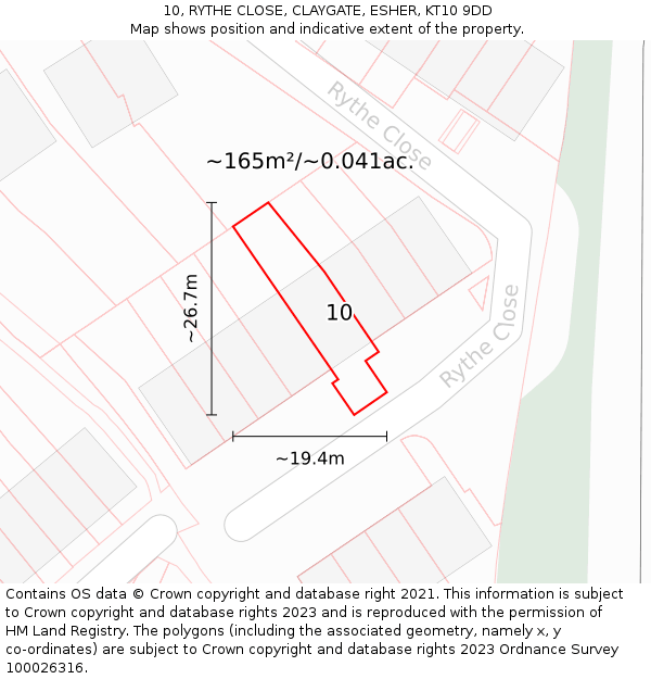10, RYTHE CLOSE, CLAYGATE, ESHER, KT10 9DD: Plot and title map