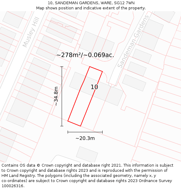 10, SANDEMAN GARDENS, WARE, SG12 7WN: Plot and title map