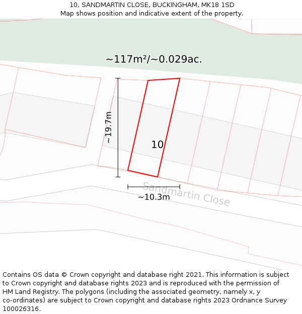 10, SANDMARTIN CLOSE, BUCKINGHAM, MK18 1SD: Plot and title map