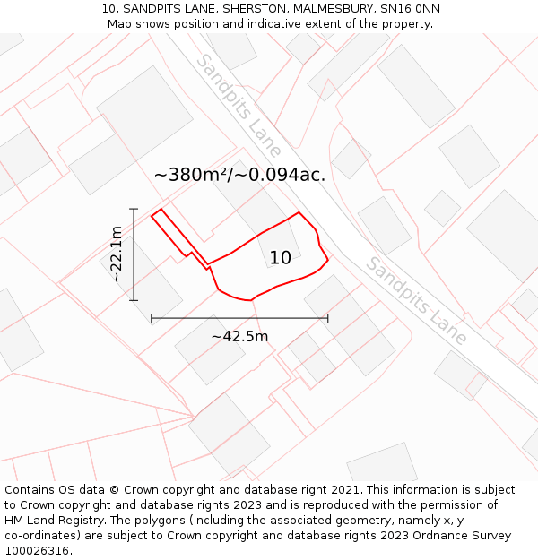 10, SANDPITS LANE, SHERSTON, MALMESBURY, SN16 0NN: Plot and title map