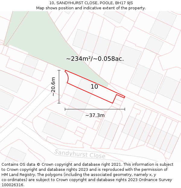 10, SANDYHURST CLOSE, POOLE, BH17 9JS: Plot and title map