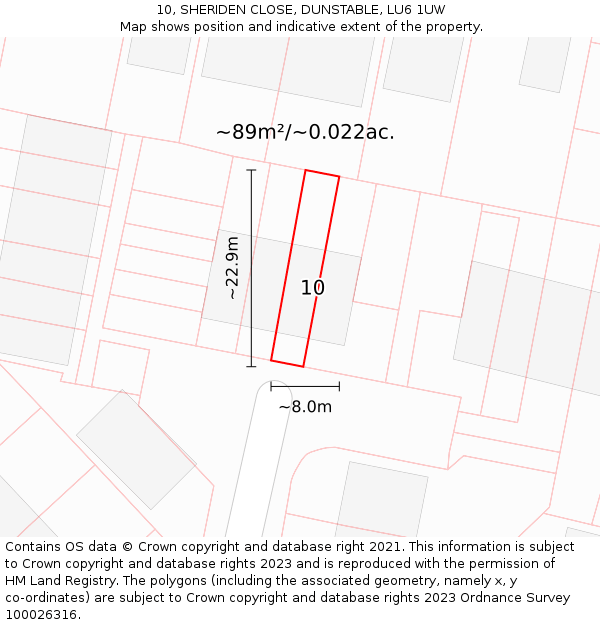 10, SHERIDEN CLOSE, DUNSTABLE, LU6 1UW: Plot and title map